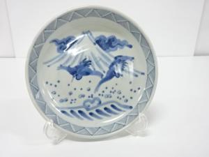 古伊万里　染付　富士　鶴　六寸皿